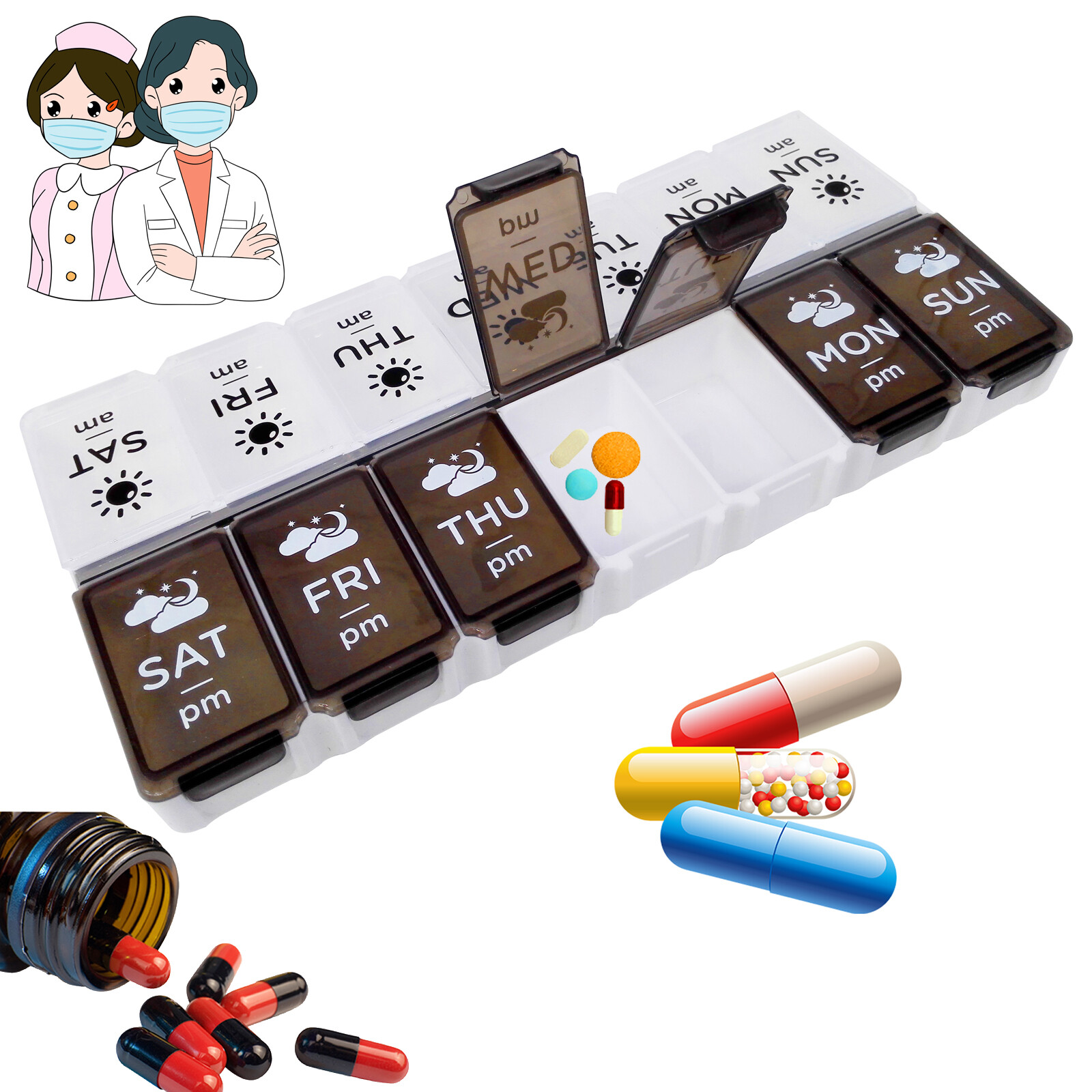 7 Day Weekly Pill Organizer 2 Times a Day, Large Weekly Box, Day Night Organizer