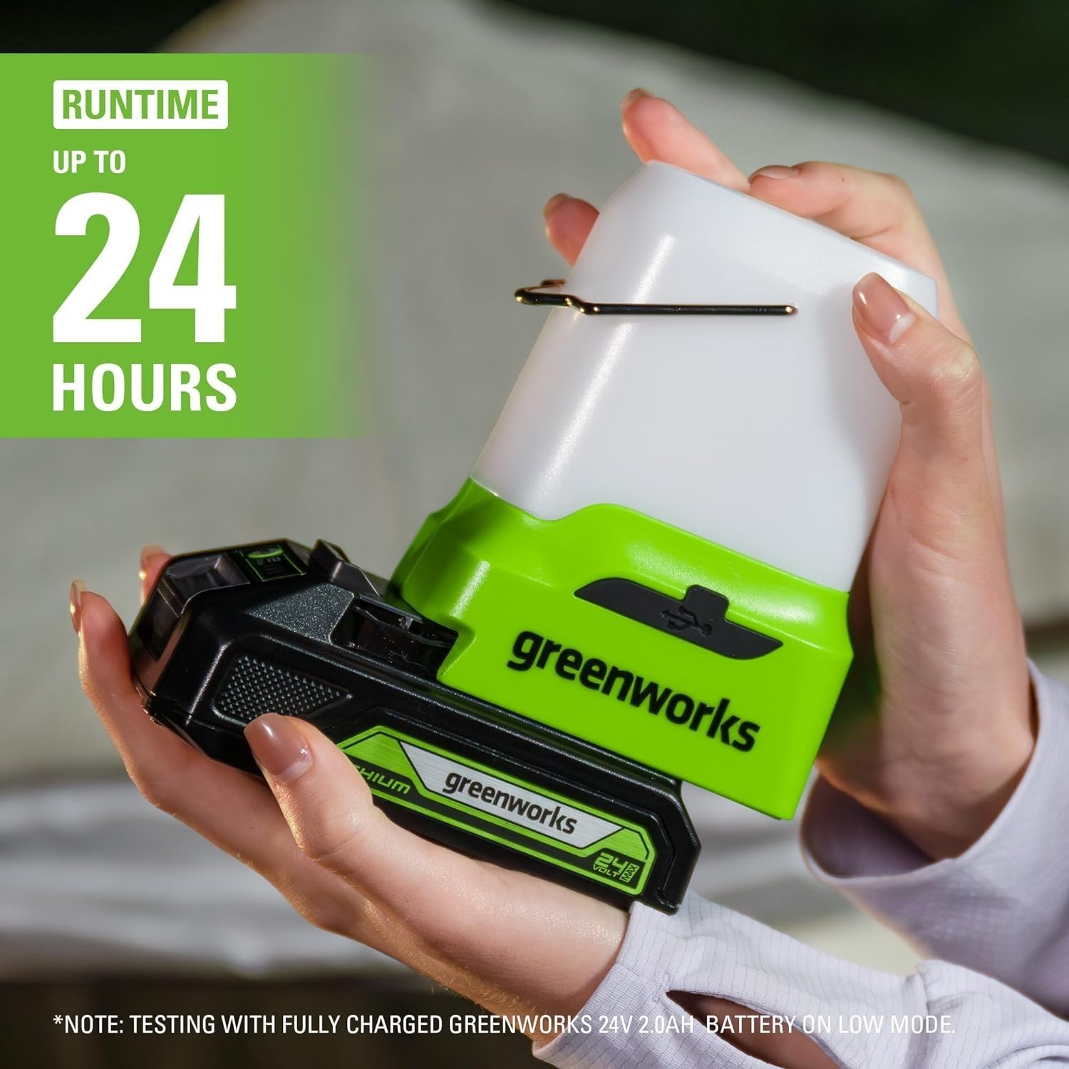 Greenworks 24V Lantern 500 Lumens Camping Light with 2Ah Battery and 2A Charger