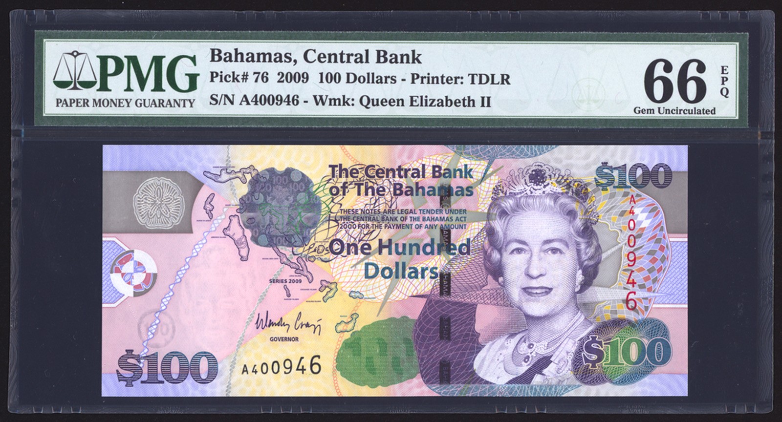 Bahamas 100 Dollars 2009 P76a PMG Gem Uncirculated 66 EPQ
