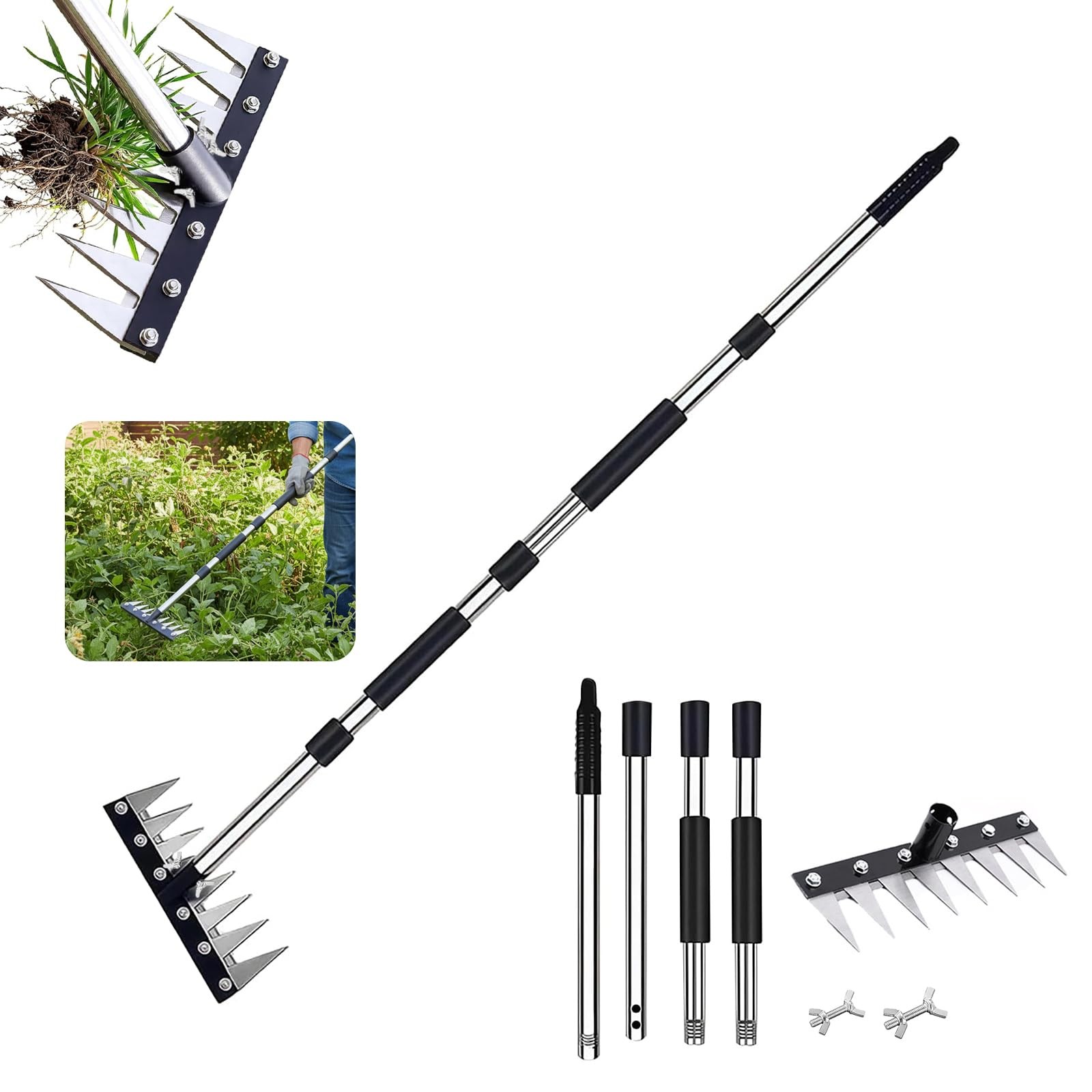 Iron Rake for Weeding, Garden Metal Rake Heavy Duty with 60 Inch Long Handle,...