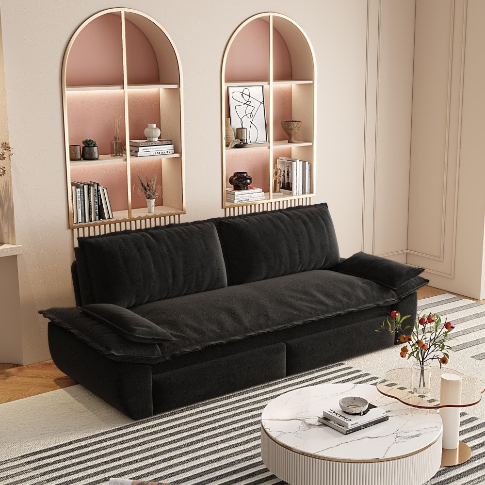 Queen Sofa Bed Pull Out Sleeper 3-in-1 Convertible Velvet Loveseat Black