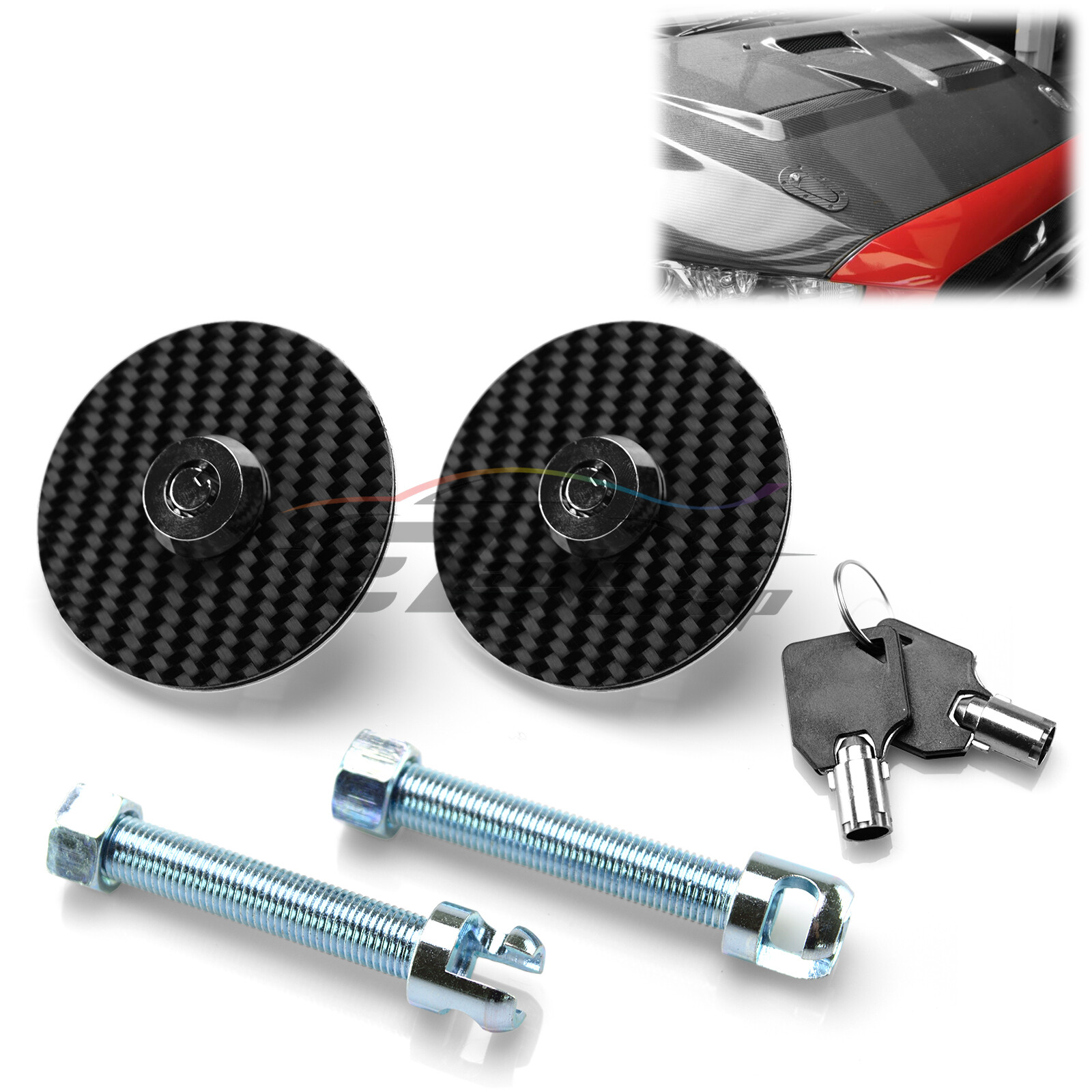 UNIVERSAL RACING Mount Bonnet Black Carbon Fiber Hood Pins Latch Key Locking Kit