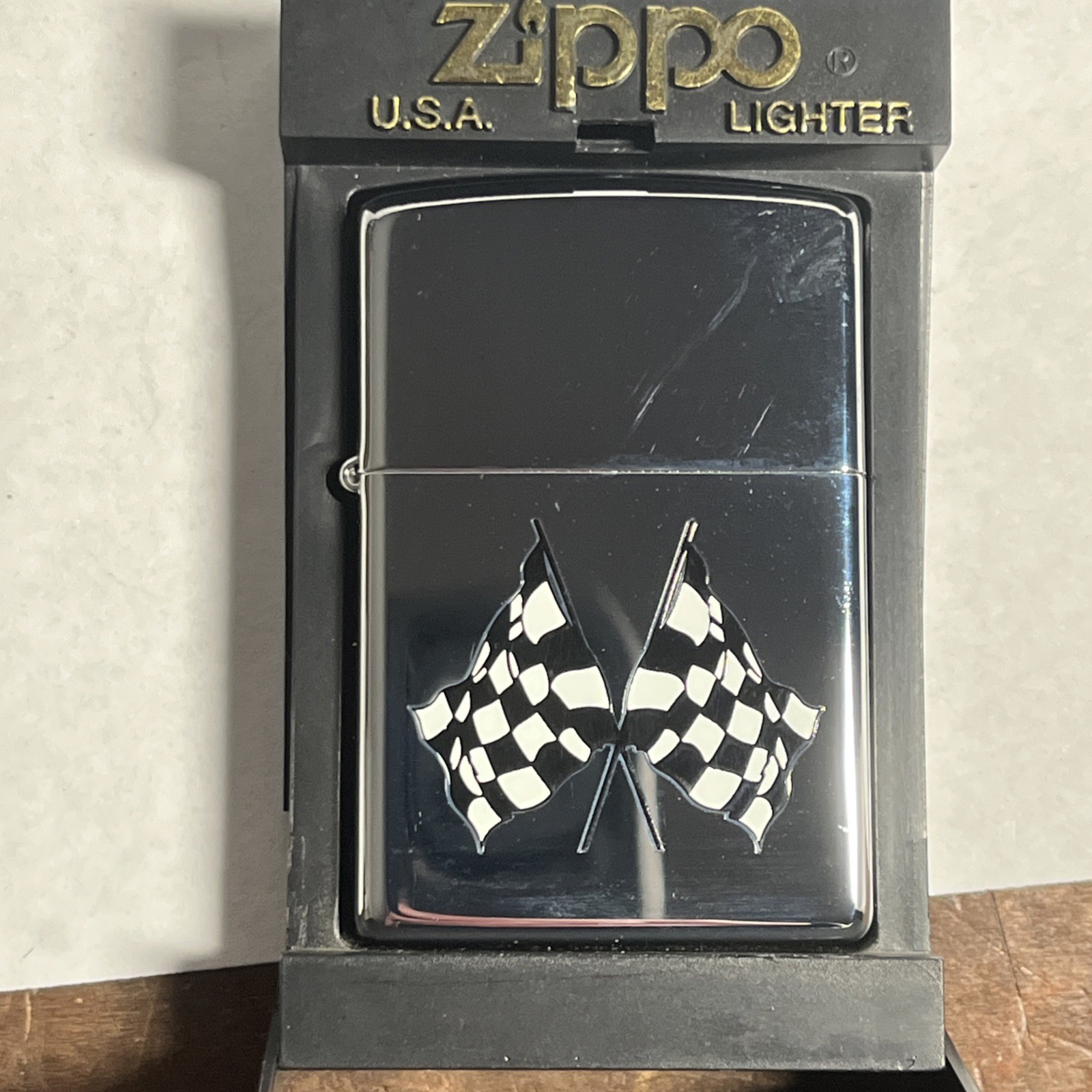 Never Used Racing 2000s High Polish Racing Flags Zippo -- J1