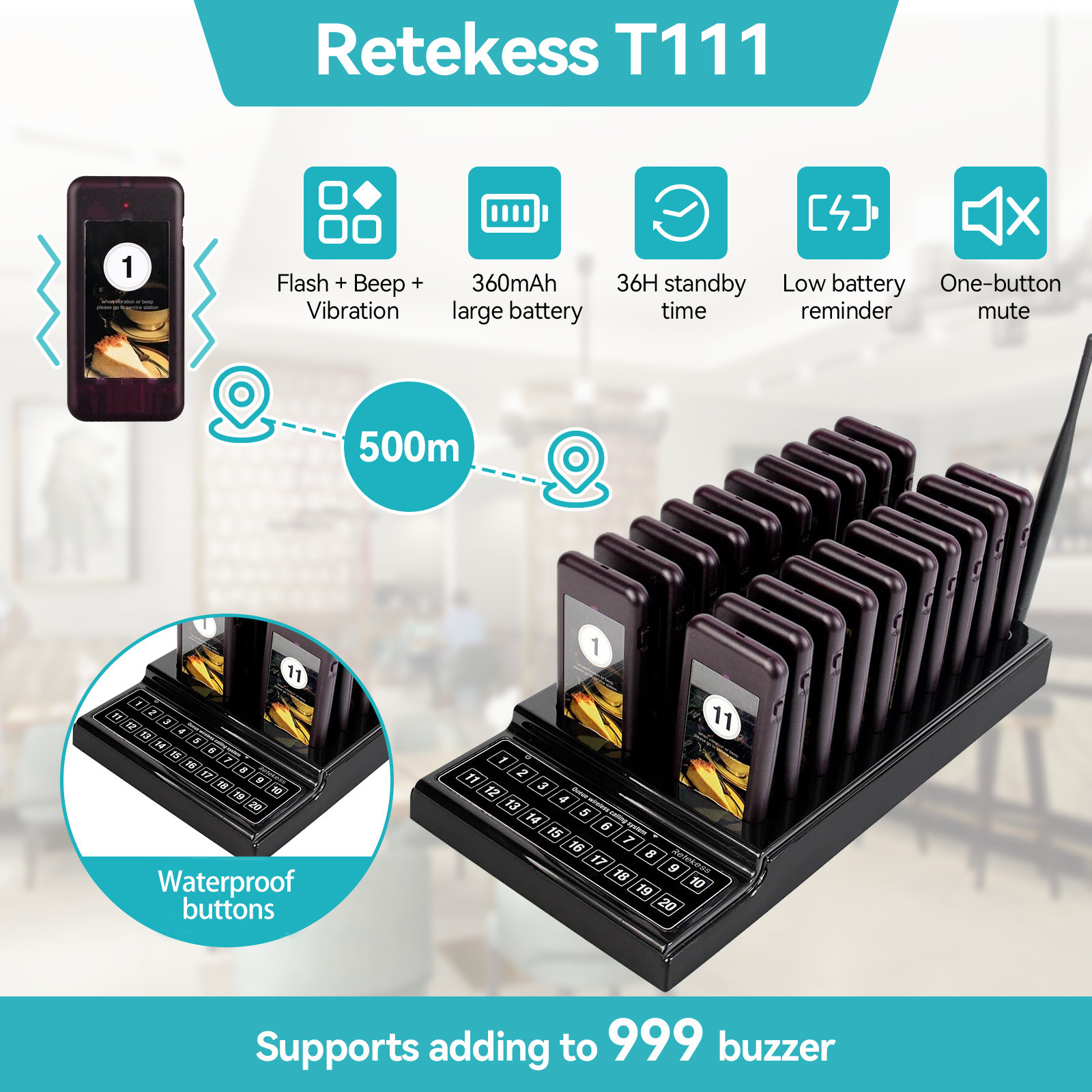 Retekess T111 Restaurant 20 Coaster Wireless Paging Queuing Calling System Cafes