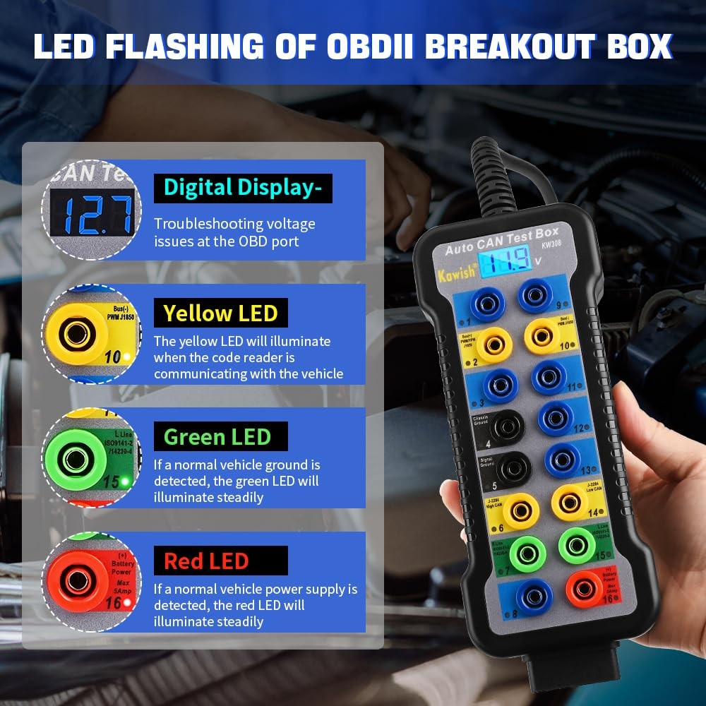 OBD2 Breakout Box 16-Pin CAN Bus Protocol Detector with LCD for ECU Testing
