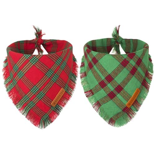 Christmas Dog Bandanas with Tassels Edges, Red Green Plaid X-Large Christmas-2