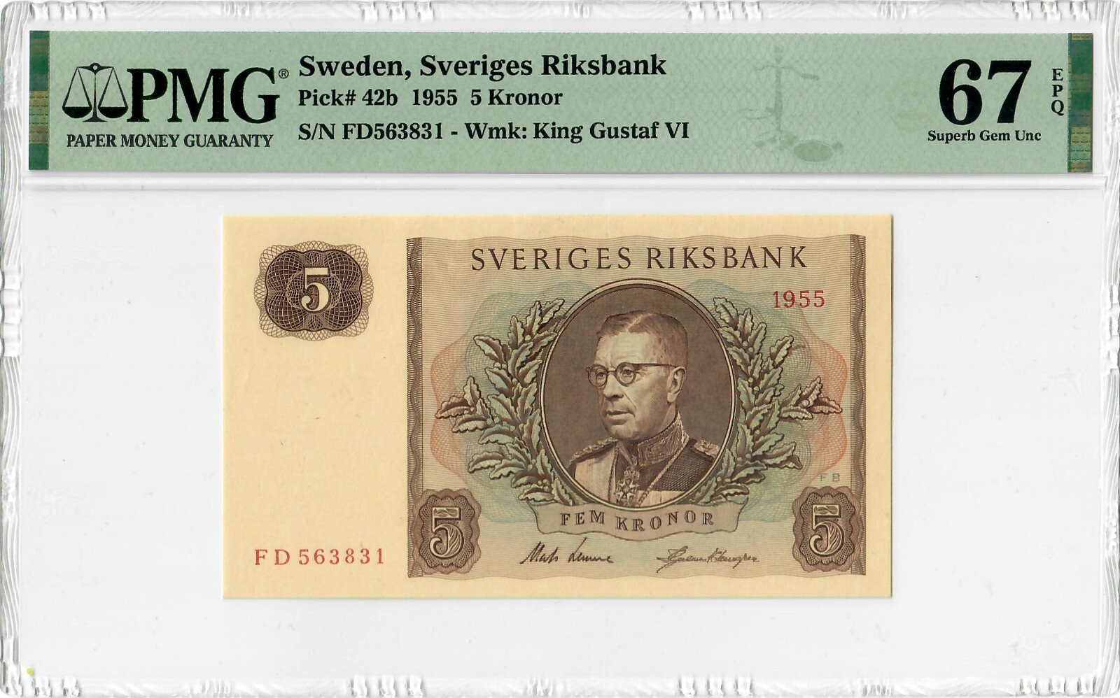 Sweden 5 Kronor 1955, PMG 67 EPQ, "Sveriges Riksbank" Pick# 42b