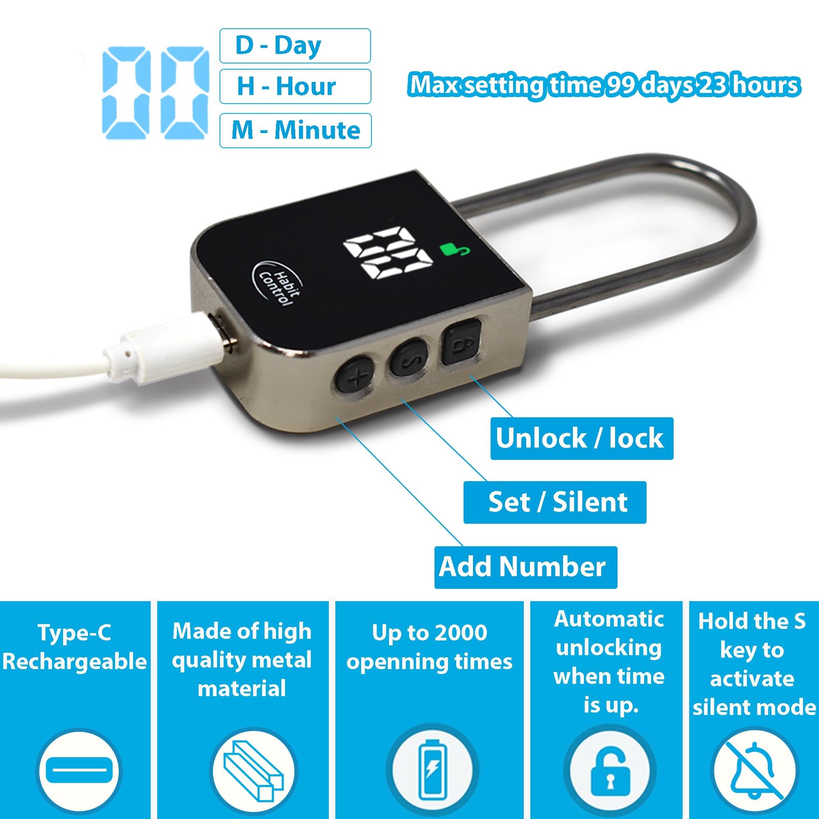 Metal Timer Lock - Padlock for Kitchen Cabinets, Timed Out Keyless Pad Lock, ...
