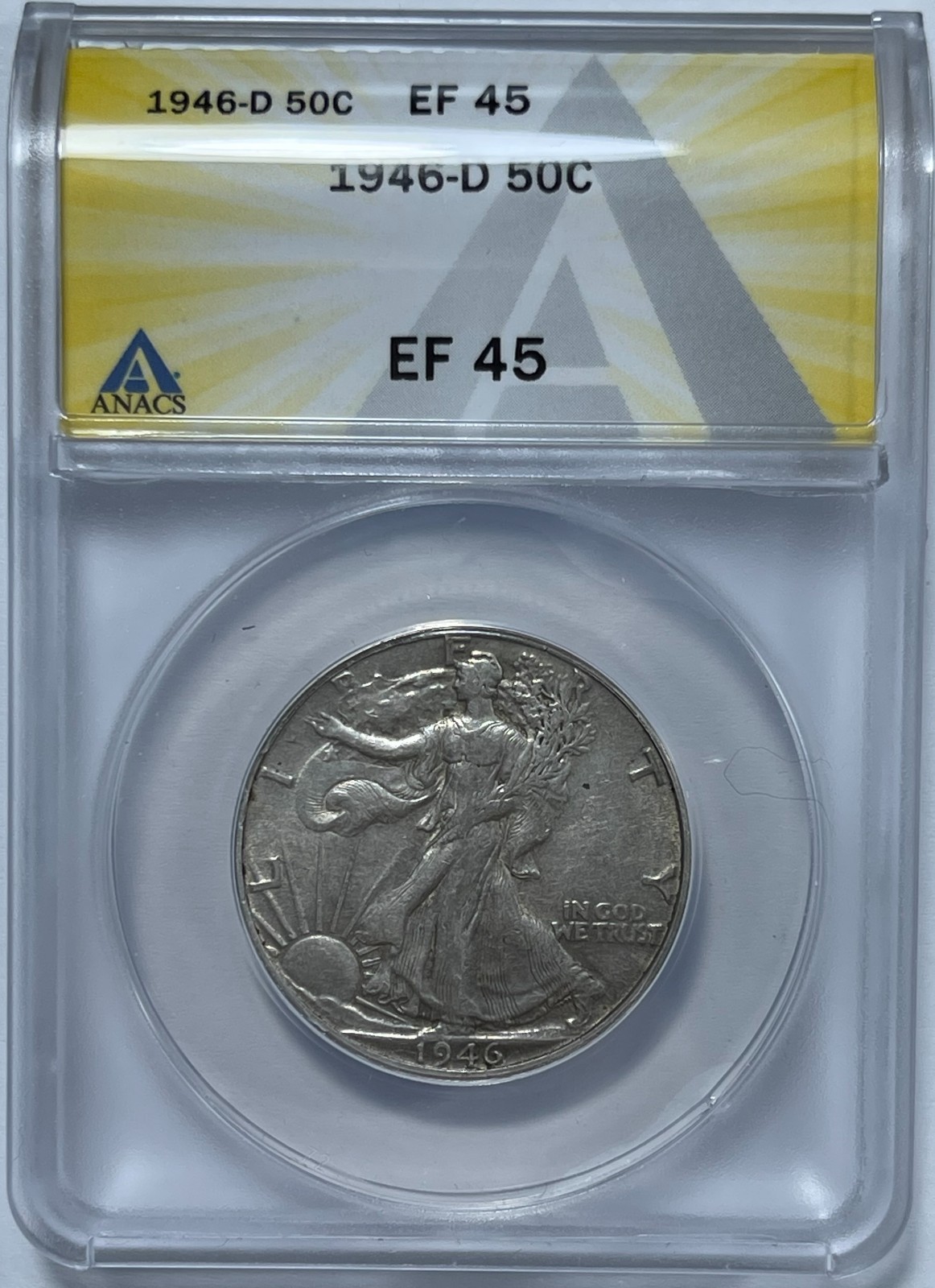 1946-D Walking liberty 50C (#21977) ANACS EF 45. Nice machine doubling on Half