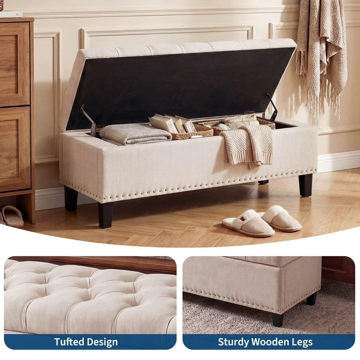 51" Large Storage Ottoman Bench, End of Bed Storage Bench Upholstered Bench