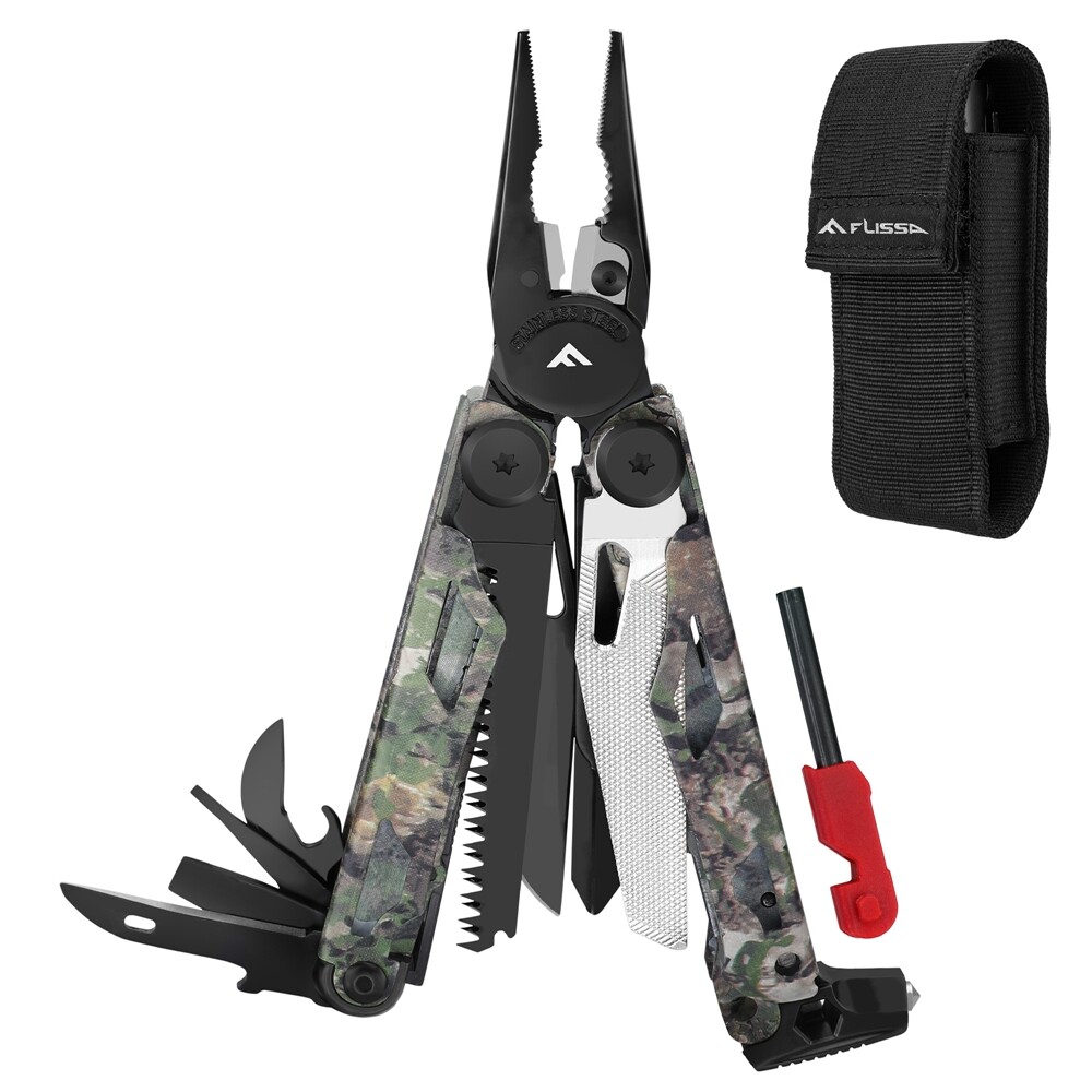 FLISSA 18 in 1 Multitool Camo Multitool Plier Fire Starter Breaker Whistler Gear