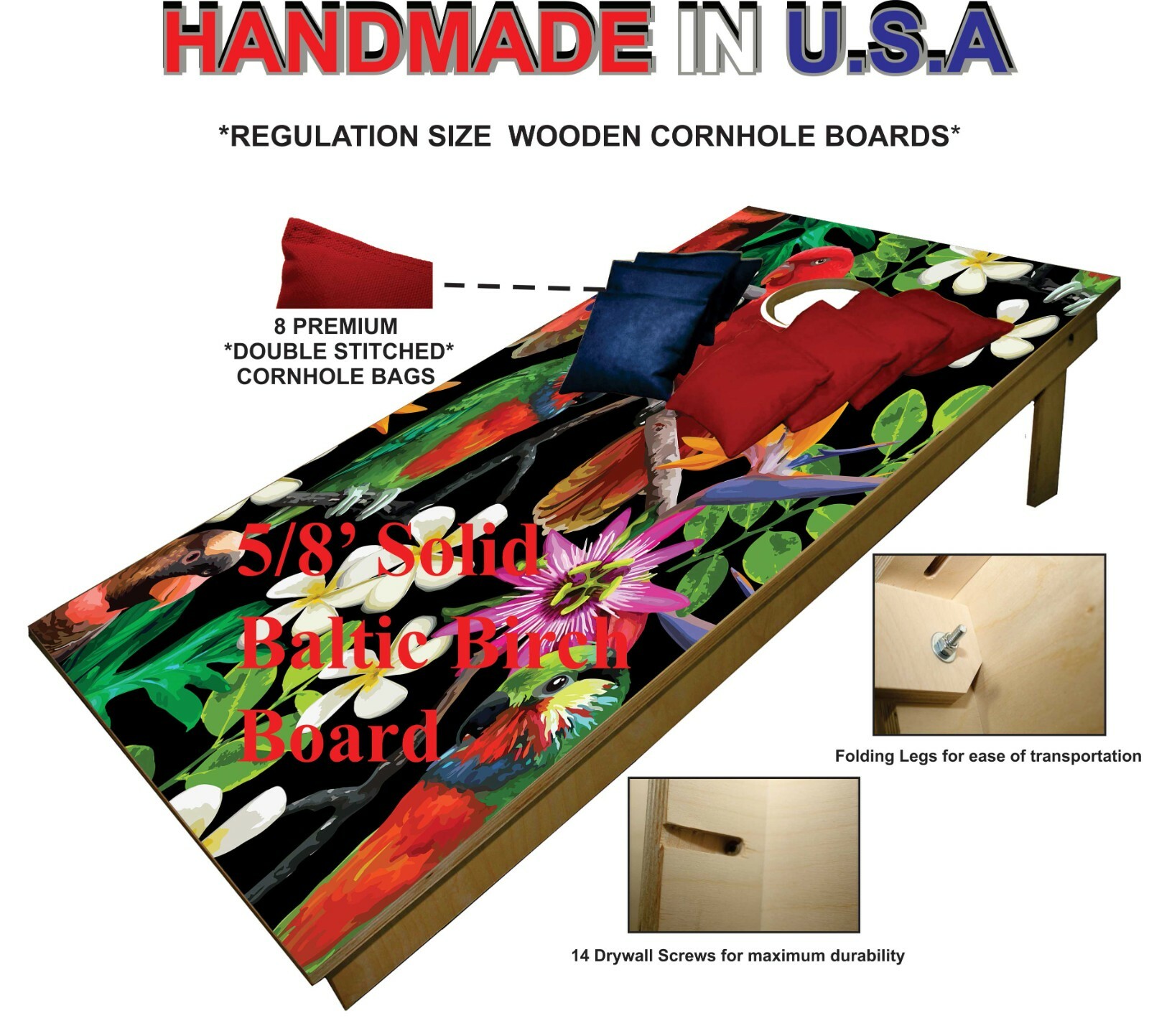 CORNHOLE BEANBAG TOSS GAME w Bags Game Board Parrot Tropical Flowers Set