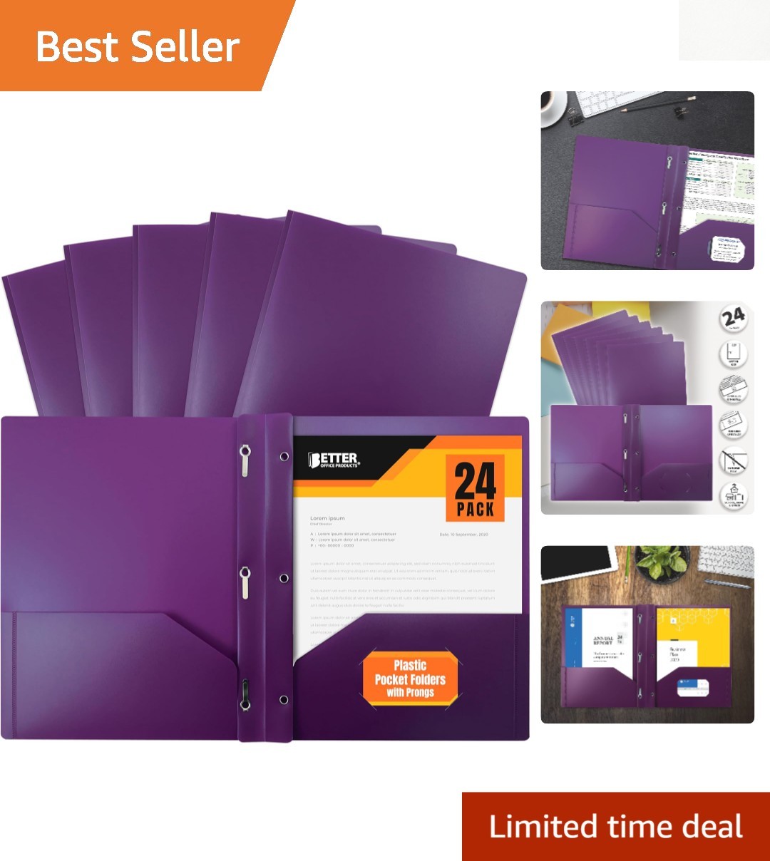 24-Pack Heavyweight Purple 2 Pocket Poly Folders with Metal Prongs for Documents