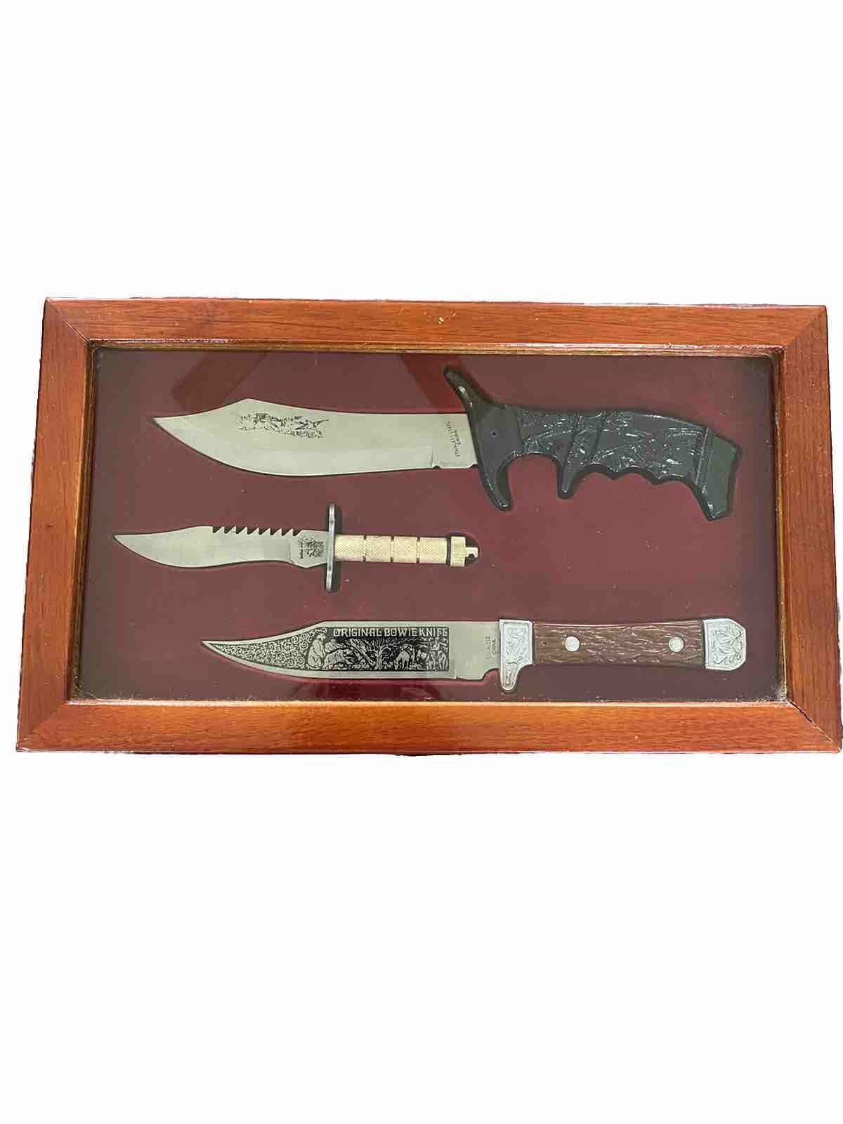 3 Knife Set in Glass Wood Display Case Stainless Steel Bowie Knife Etched. 1980s