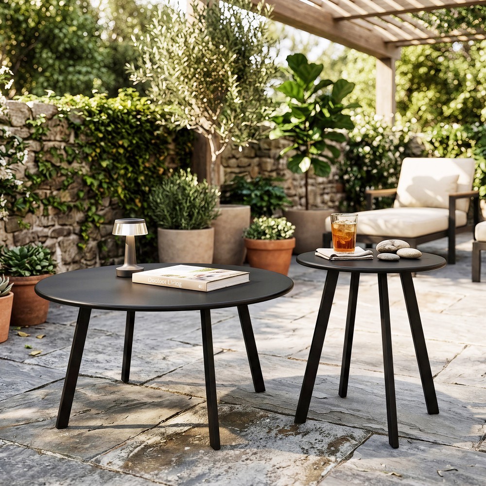 2-Piece Round Nesting Coffee Table Set Modern Black Metal Side End Tables Space