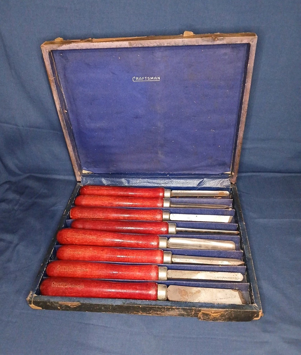 Vintage Craftsman Wood Lathe Turning Tool Set of 8 1940s/50s  13" Mahogany