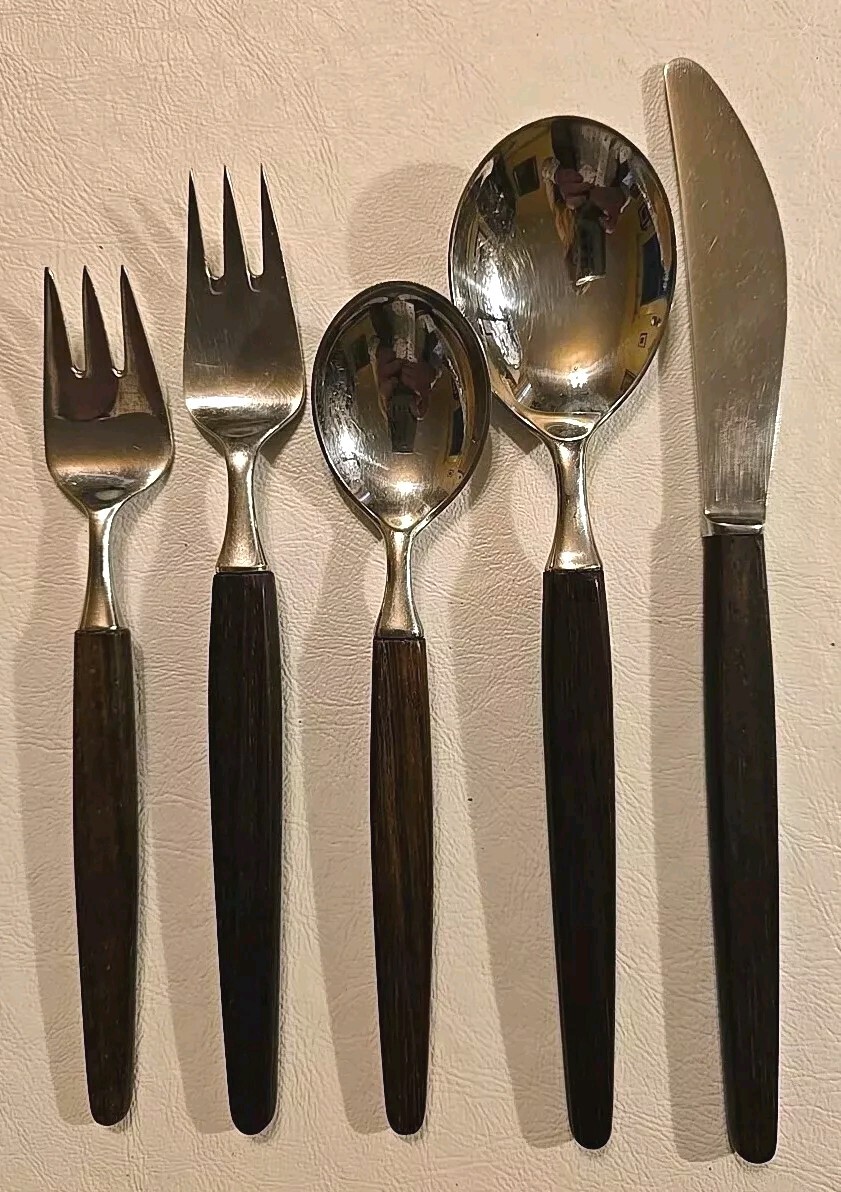 5 Pc Place Setting MCM Lundtofte Eckhoff Dansk Stainless W/ Wood Handle Denmark