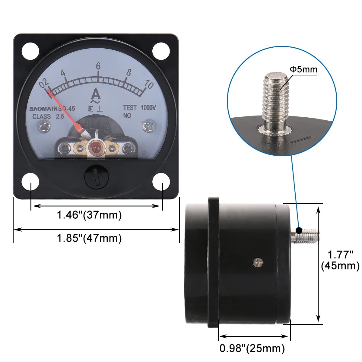 Baomain Ammeter AC 0-10A Round Analog Panel Meter Class 2.5 Accuracy Black...