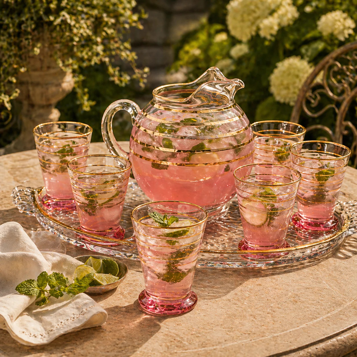 Macbeth Evans Pink Glass Pitcher Set Gold Stripe 6 Glasses Vintage Depression Er