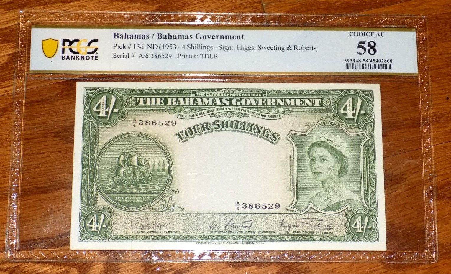 Bahamas 1953 4 Shillings P13d PCGS 58 CHOICE AU QEII British Admin. Banknote
