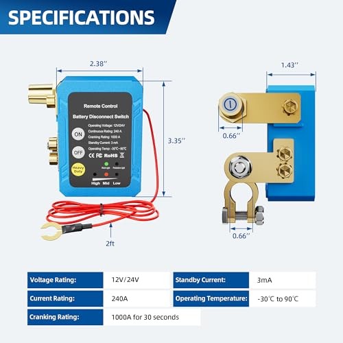 Remote Battery Disconnect Switch 12V 240A Kill Switch Side Installation