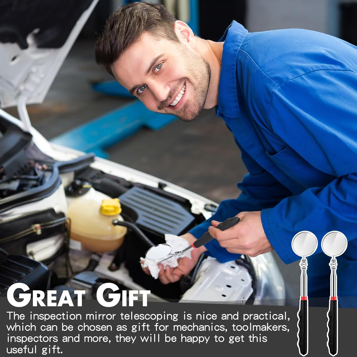 2 Pack Telescoping Inspection Mirror Tool Extendable 360° Swivel Mechanic Mirror