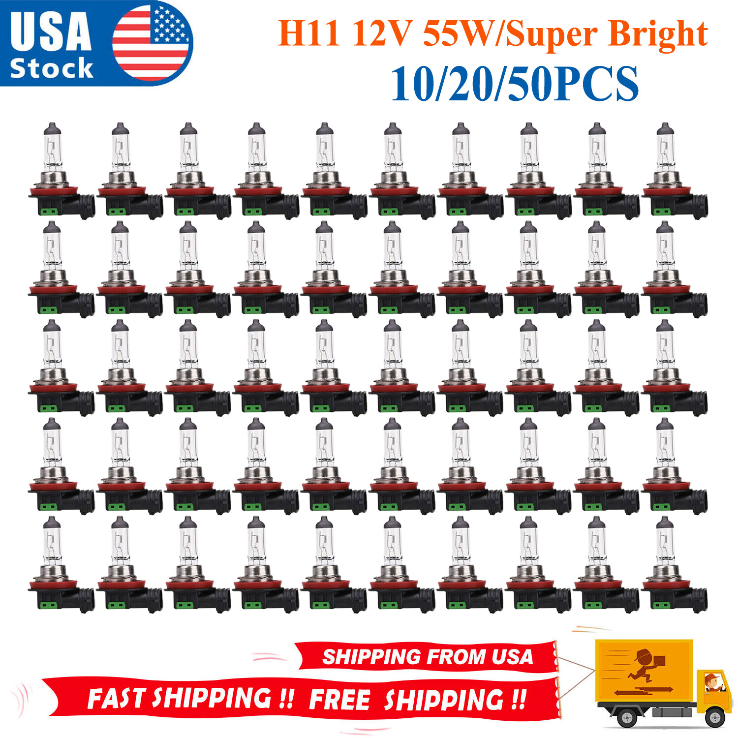 1-50PC H11 12V 55W/Super Bright Ultra White Fog Halogen Bulb Car Head Light Lamp