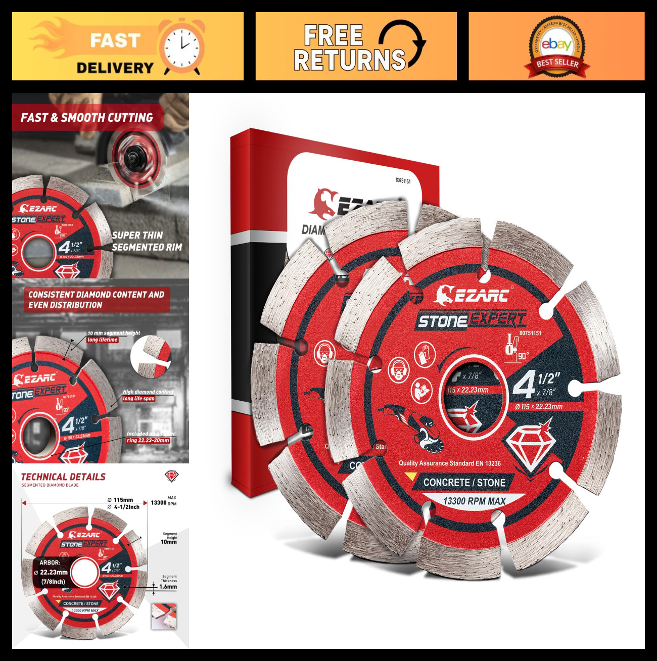 4.5" Segmented Diamond Blade for Angle Grinder - Cut Concrete, Granite, Brick (2