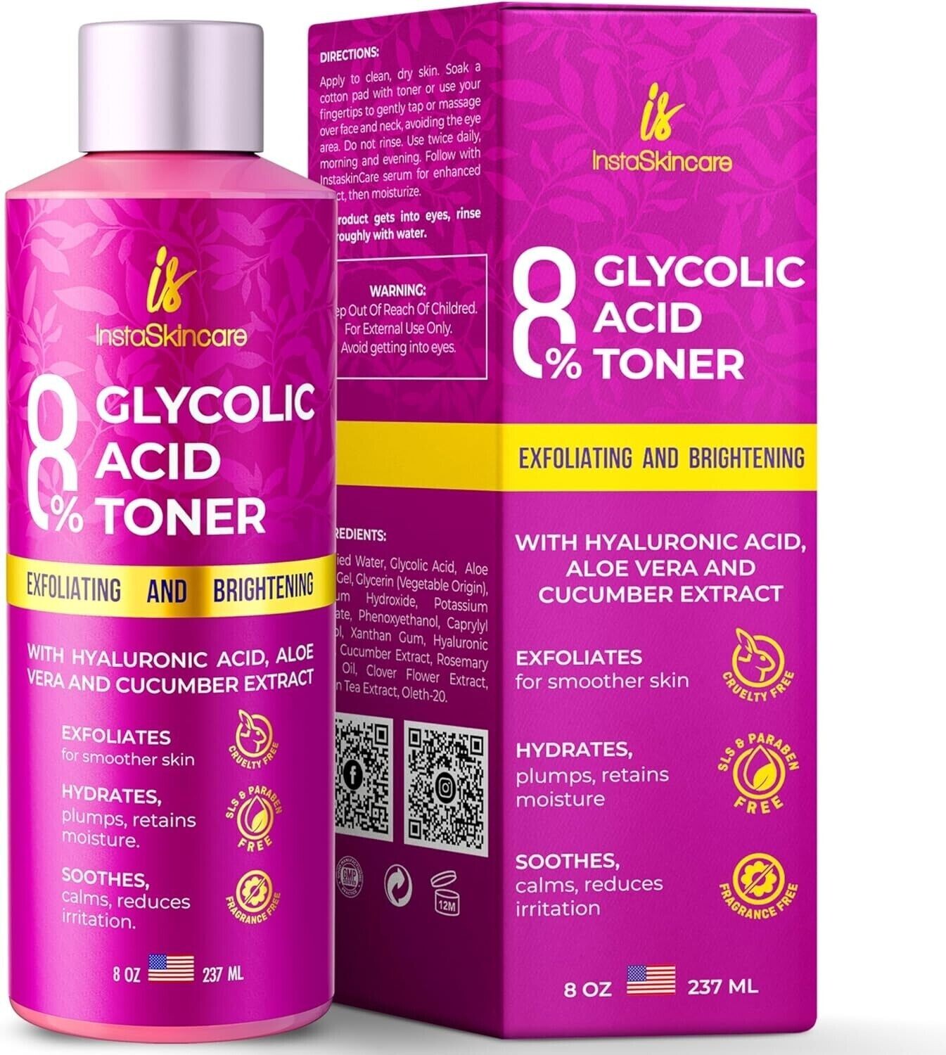 Glycolic Acid Toner 8% 8oz Exfoliating Face Toner Hyaluronic Acid Skincare USA