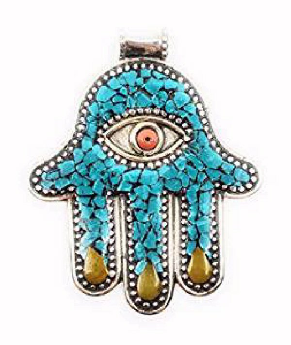 Silver Plated Pendant with Hamsa Symbol Mixed Stones Made in Nepal