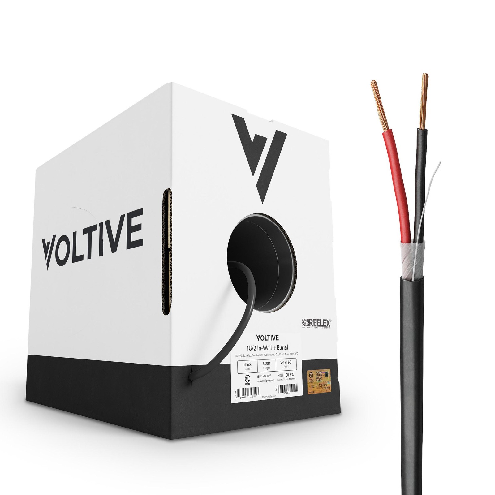 Voltive 18/2 Low Voltage Wire, In-Wall CL3 & Direct Burial, Black, 500ft