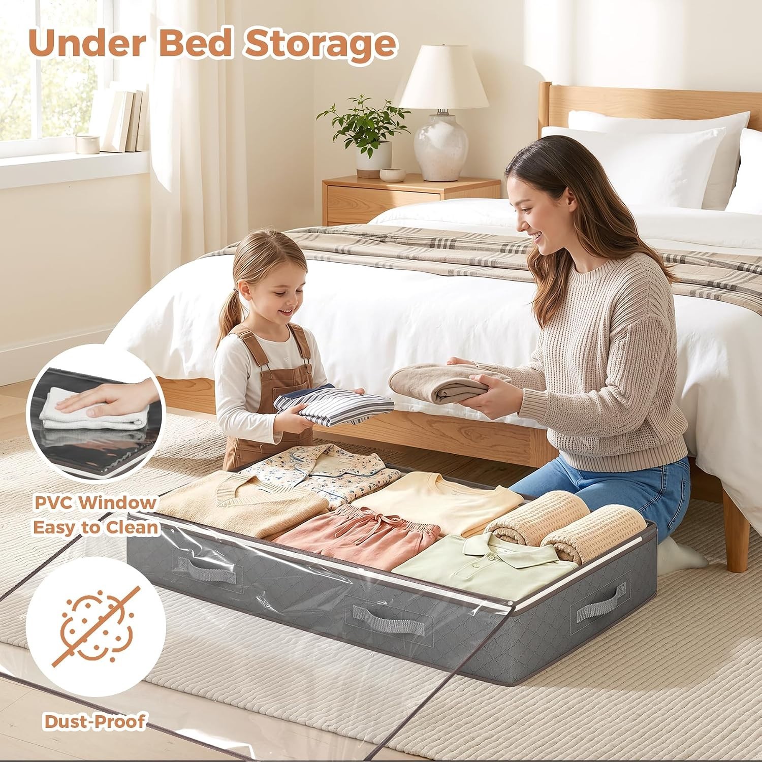 90L Under Bed Storage Containers, 4 Pack Closet Organizers Grey | Foldable un...