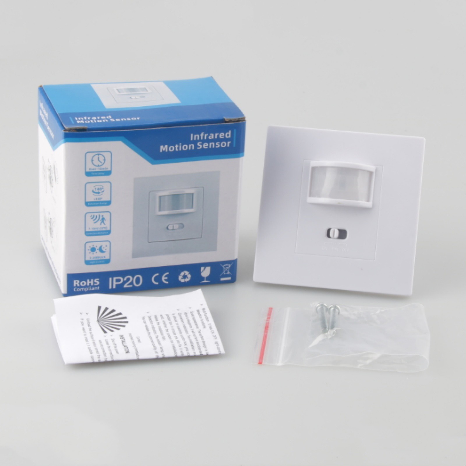White PIR Motion Sensor Wall Switch AC100-240V for Downlights & Ceiling Lights