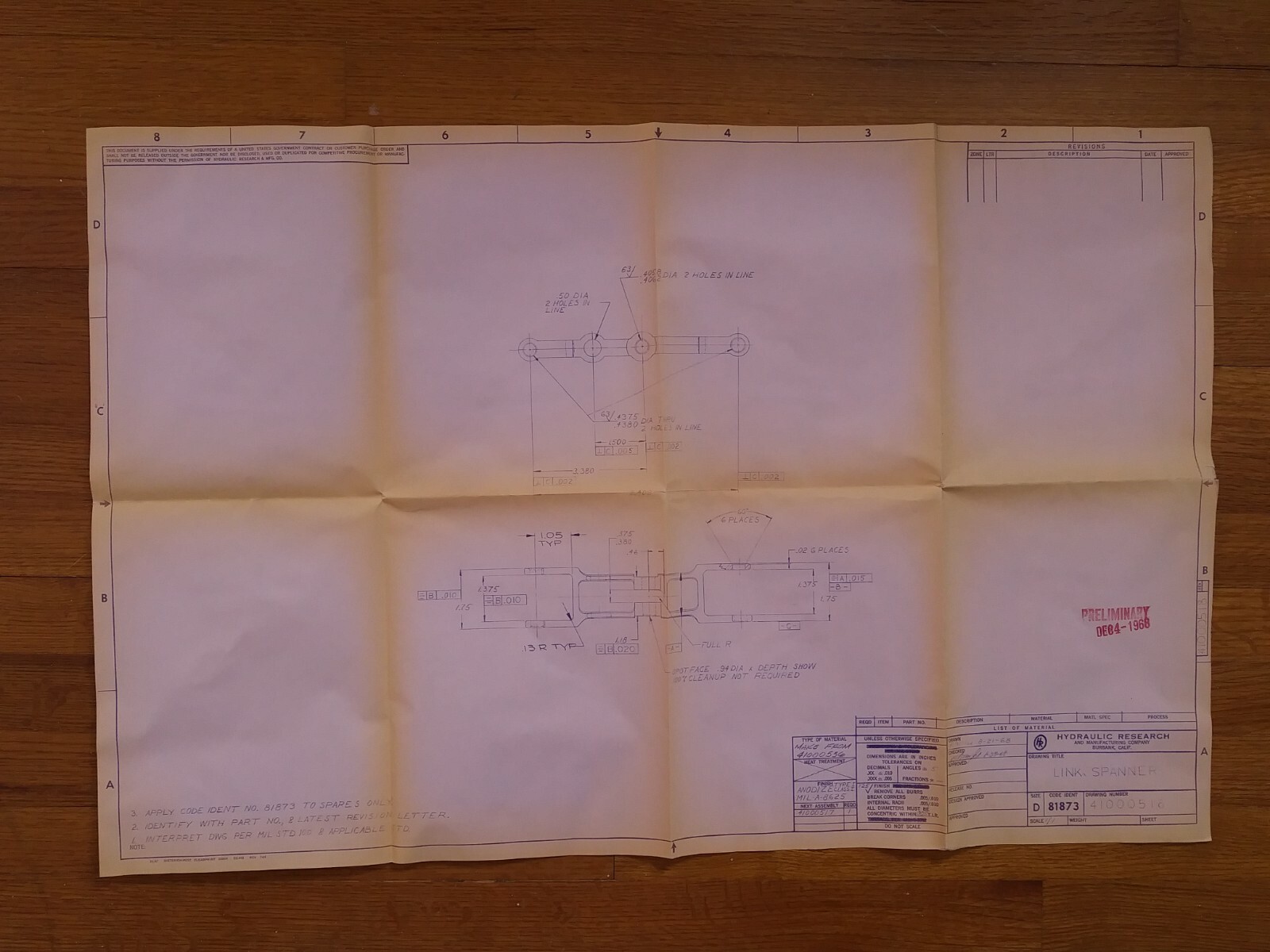 1968 Original Link Spanner Blueprint