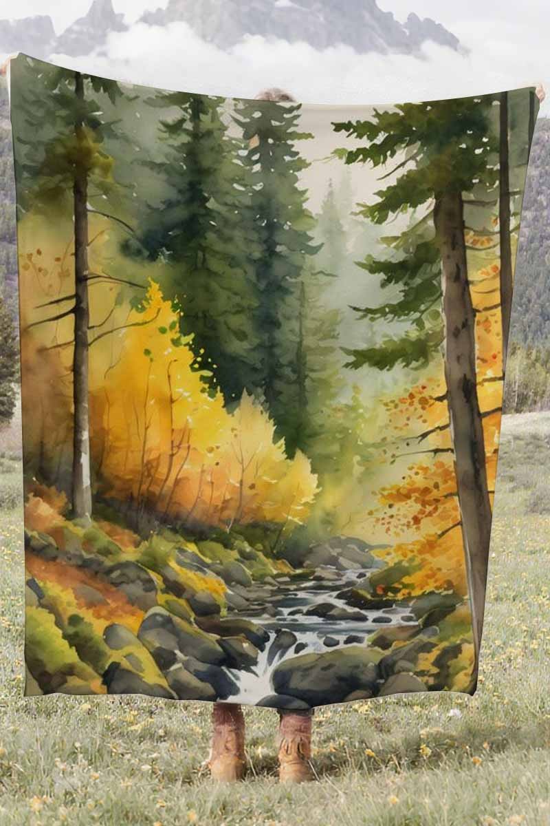 Watercolor Forest River Coral Fleece Cozy Throw Blanket Rustic Stunning