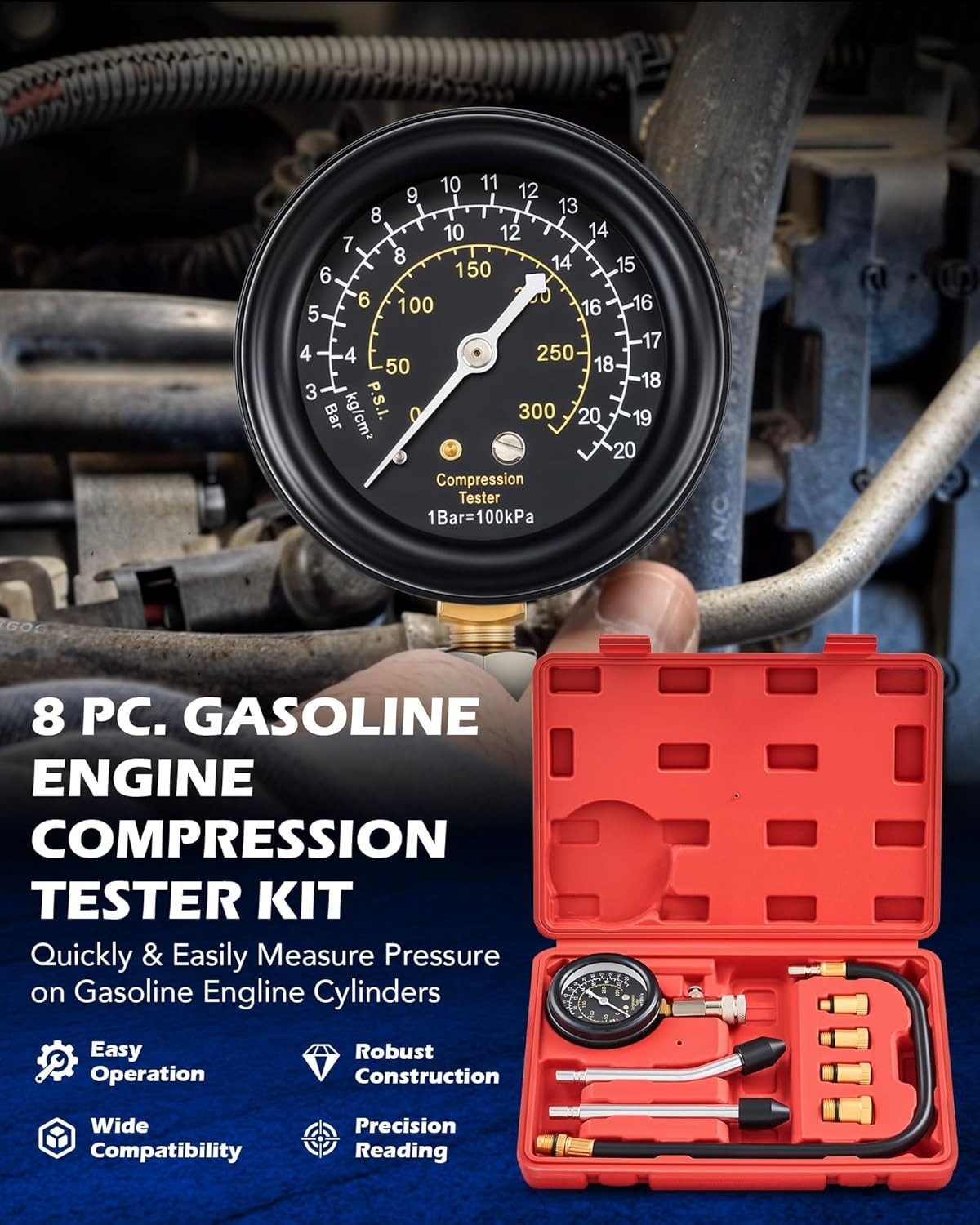 Durable 8pc Petrol Engine Testing Kit - Precision Gauge with Custom Carry Case