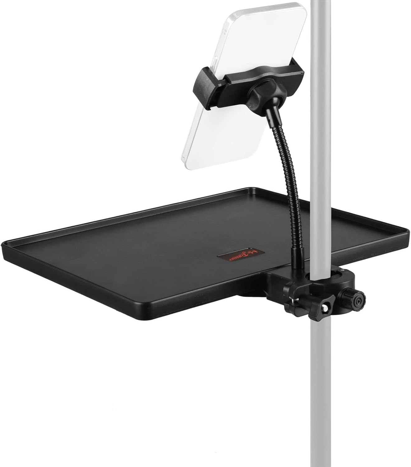 Microphone stand clamp-on rack tray with phone holder.