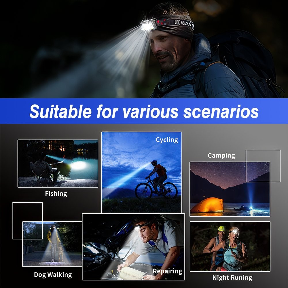 2X Waterproof Headlamp USB Rechargeable LED Headlight Motion Head Torch USB Lamp