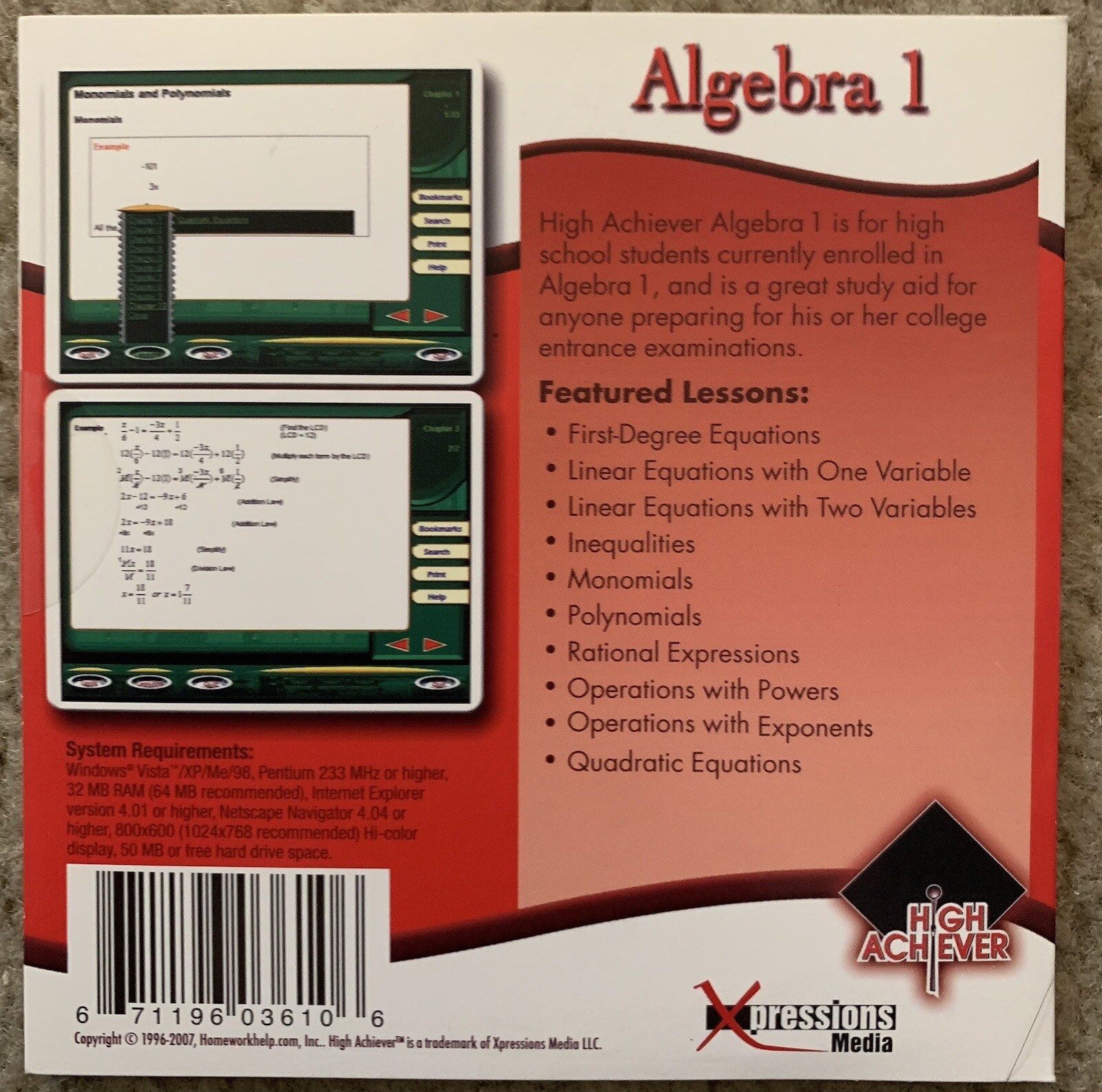 High Achiever PreAlgebra, Algebra 1 & 2 CD ROM Lot (grades 9-12