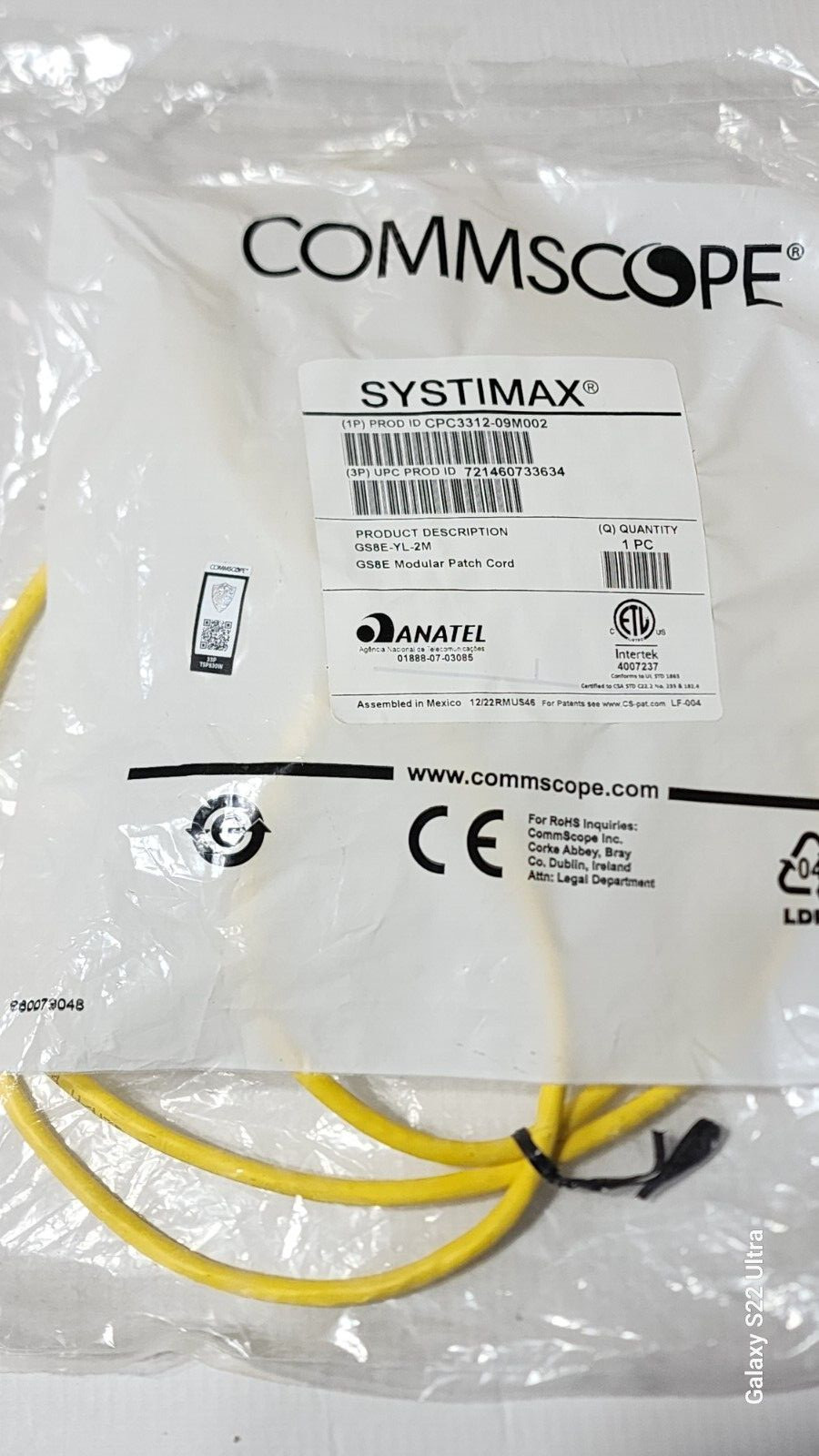 Commscope SYSTIMAX GS8E-YL-2M Modular Patch cord Yellow Cat6 -2m / 6.56ft - NEW