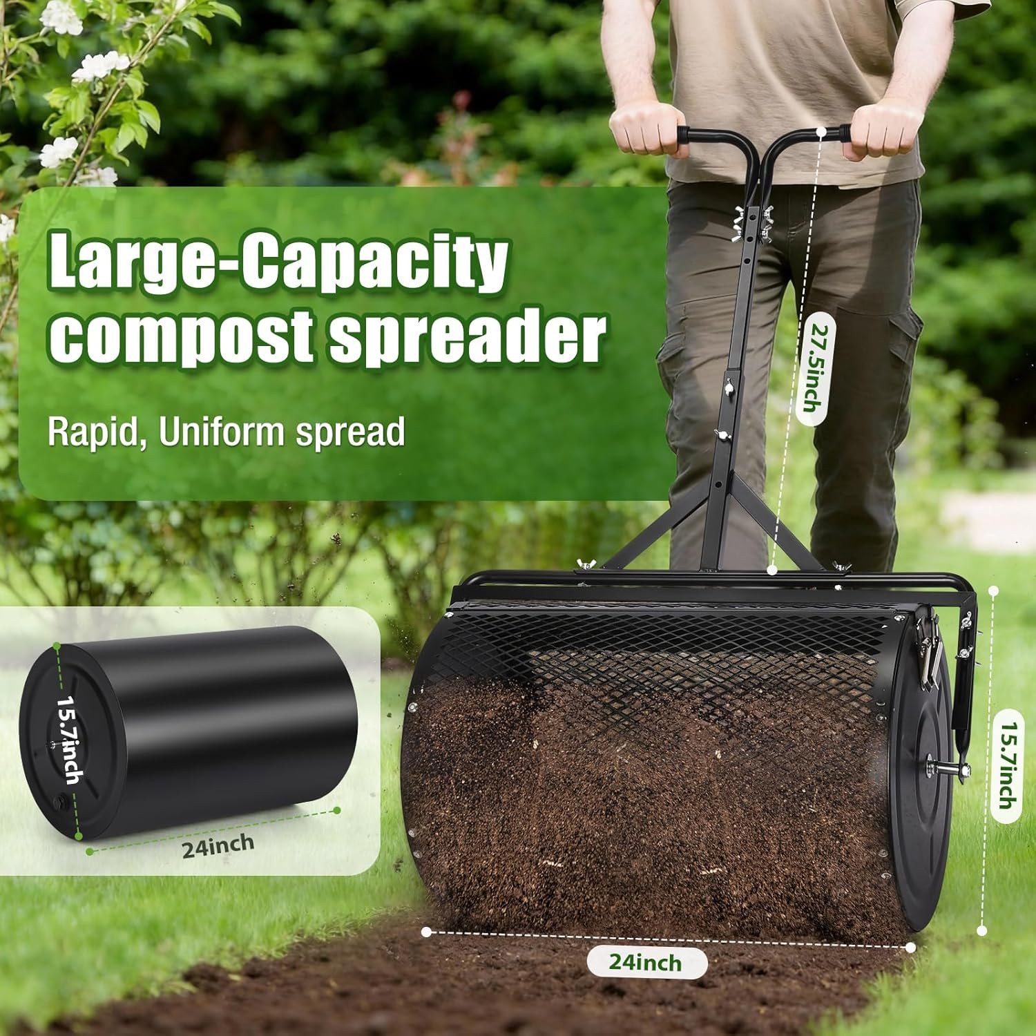 24 Inch Compost Spreader & Lawn Roller, Featuring One Mesh Roller and One 23 Gal