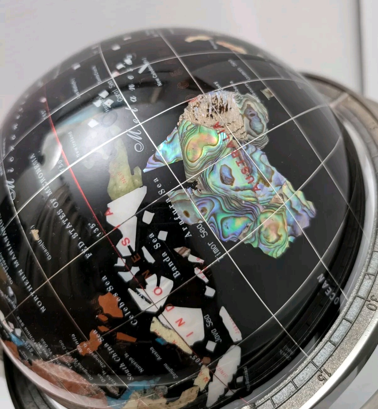 World Globe-Semi-Precious Inlaid Stone and Shells w Compass