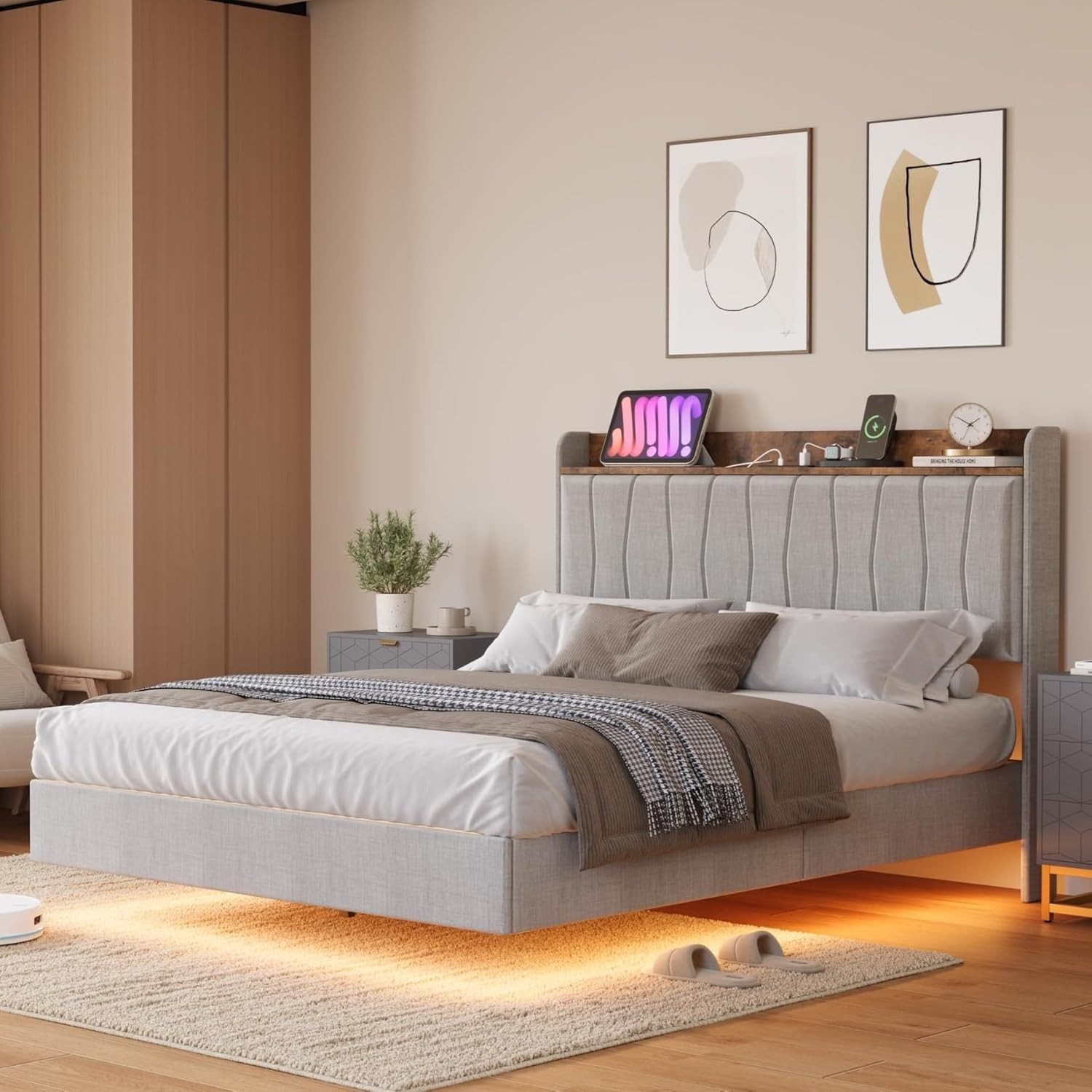 Floating Platform Bed Frame with LED Lights and Built-in Charging Station,Grey