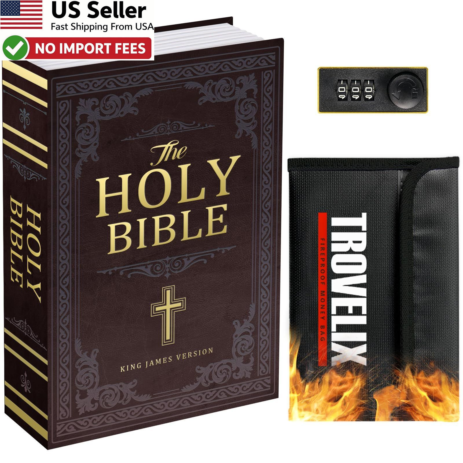 Bible Book Safe with Combination Lock Hidden Diversion Money Cash Fireproof Bag