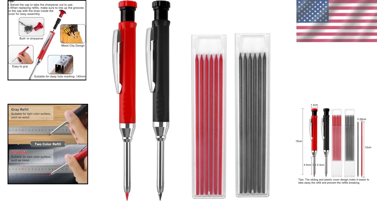 2PCS Carpenter Pencils with Sharpener Heavy Duty Woodworking Tools Mechanical...