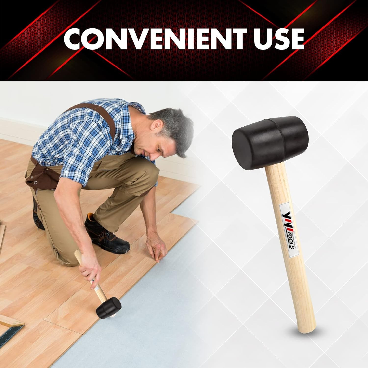 YY-2-005 Rubber Mallet Hammer With Wood Handle–8-oz, black