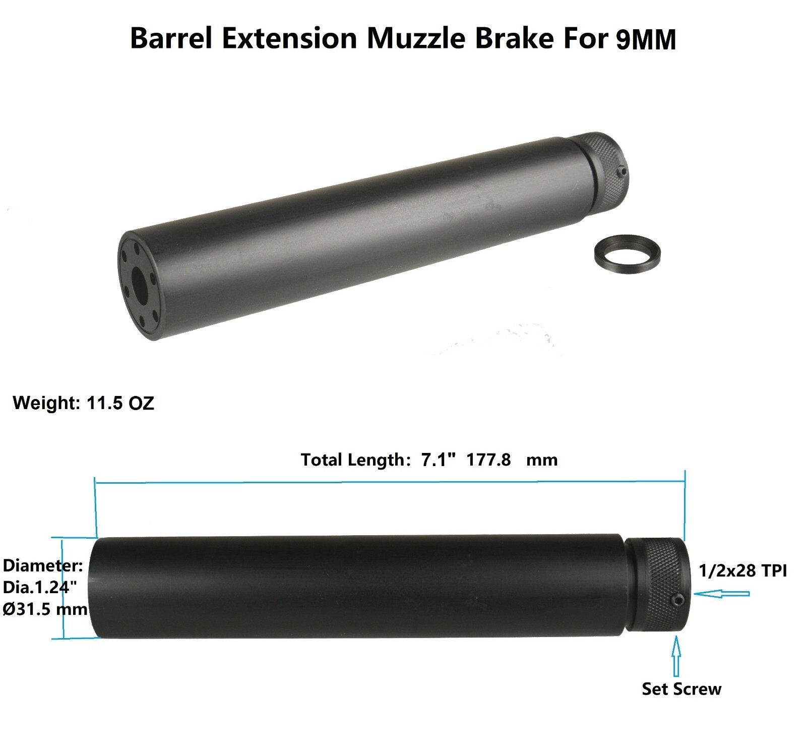 Aluminum Linear Muzzle Brake 1/2X28 TPI Barrel Extension Tube For 9 mm,US Seller