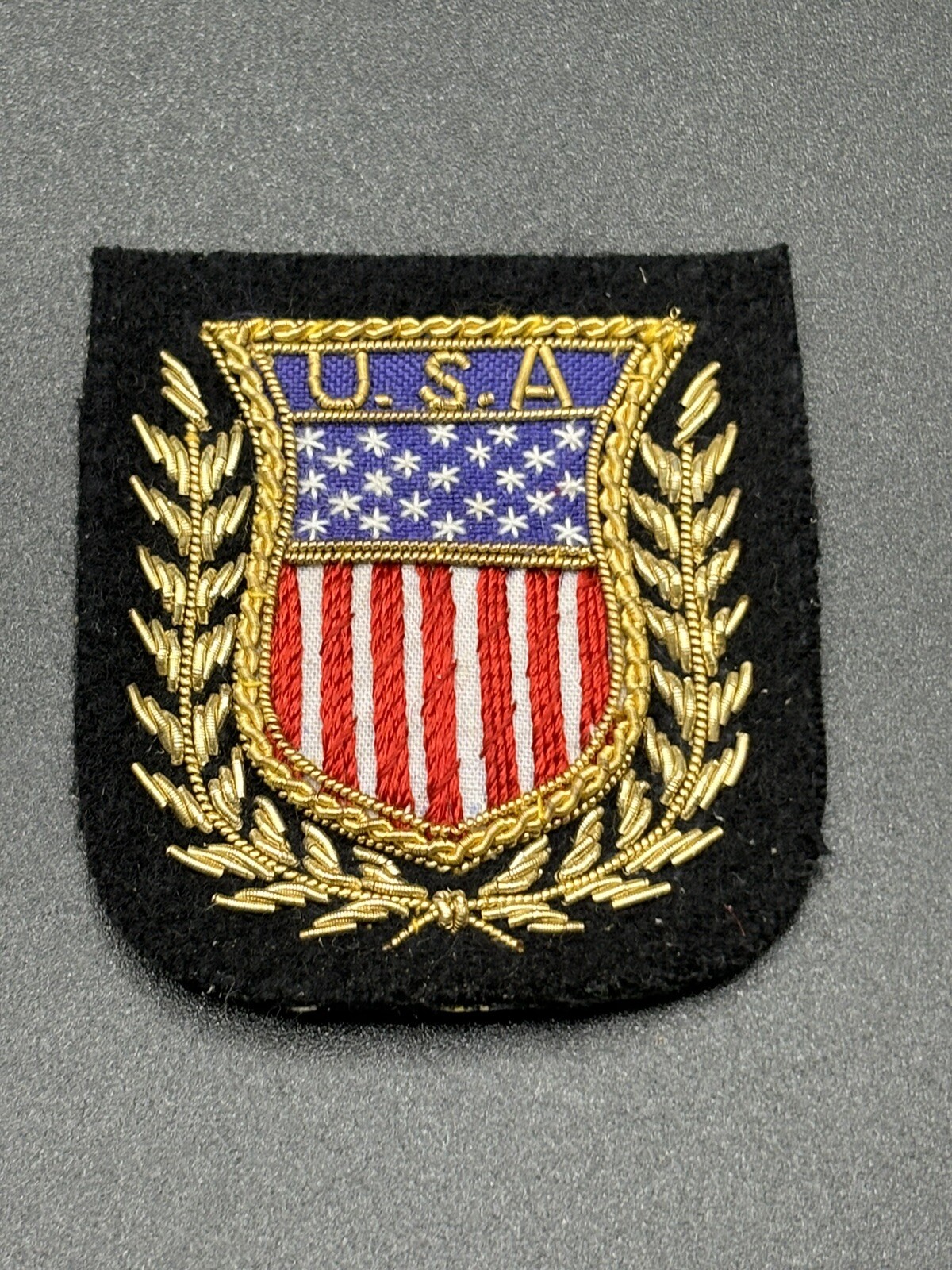 Vintage Embroidered Gold Bullion Wire Badge USA Patch American Flag Crest Sew On