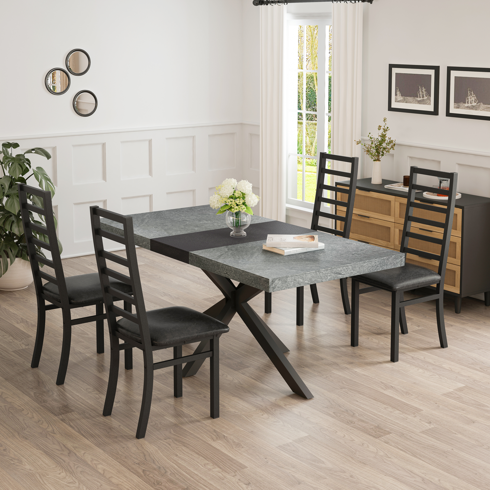 Retro Rectangular Stretch Dining Table And Metal Dining Chair,Dining Table Set