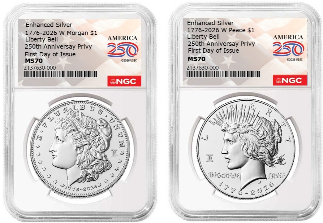 Pre 2026 W Morgan & Peace Silver Dollar Enhanced Liberty Bell NGC MS70 FDI #2830